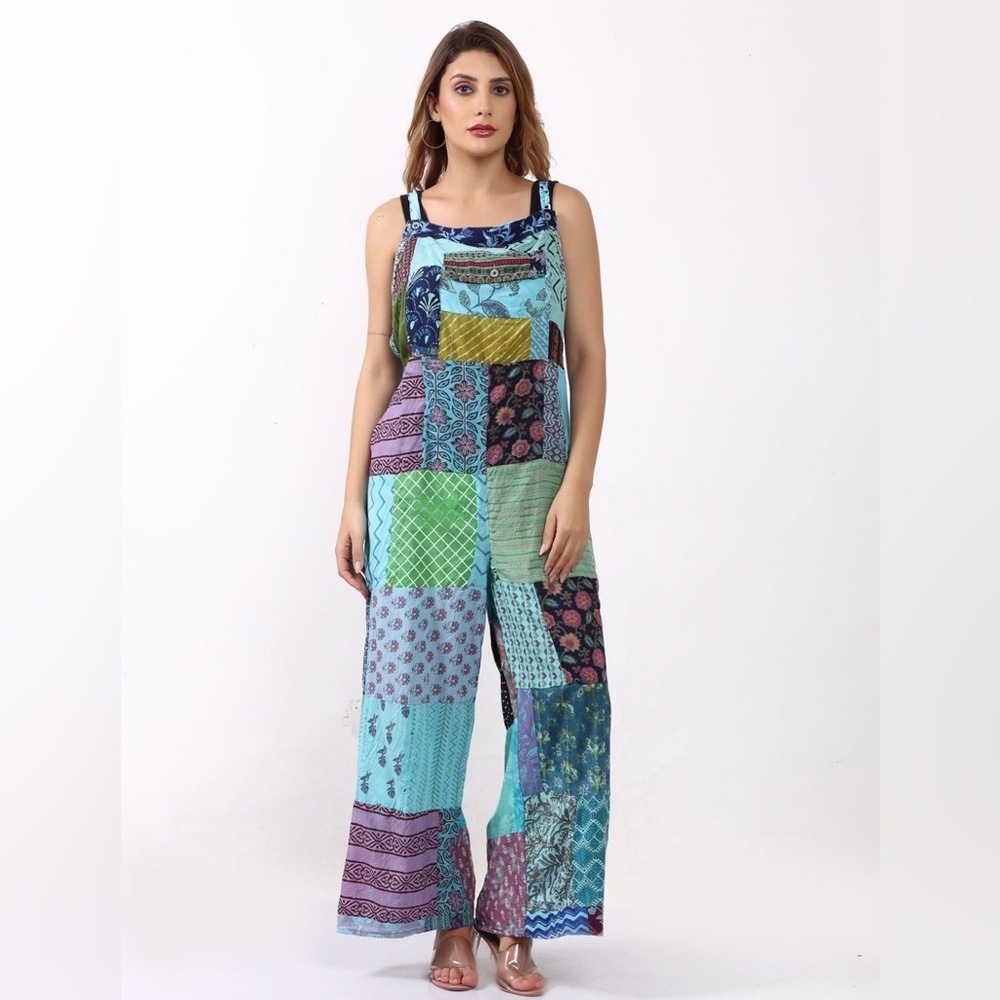 Boho Green Mixed Patterns Patchwork Wide Leg Adjustable Lightweight Overalls‎ OS